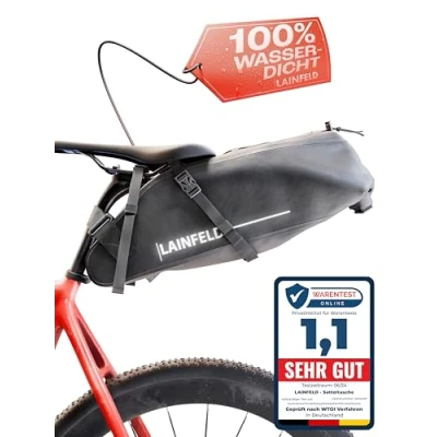 Abbildung von LAINFELD Fahrrad Satteltasche [10 Liter] 100% Wasserdicht Reflektierender Aufdruck Bikepacking E Bike MTB Gravel Rennrad Satteltaschen