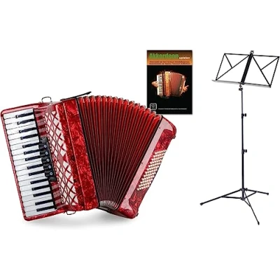Abbildung von Classic Cantabile 72 Bass Akkordeon &quot;Secondo V&quot; Set (72 mit Tasche &amp; Riemen inkl. Notenständer Schule) Rot