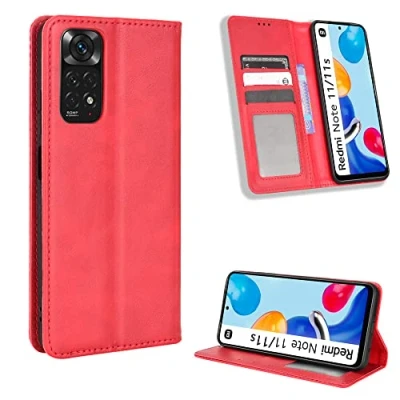 Abbildung von Kukoufey Hülle für Xiaomi Redmi Note 11 4G Leather Case,Hülle 11S 2201117SG 2201117SI 2201117SY 2201117SL Schutzhülle Case Cover Red