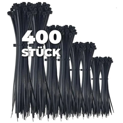 Abbildung von 400 Stück Kabelbinder Schwarz Set 100/150/200/300 mm jeweils 100 Stück, Sortiment Nylon Verschiedene Größen Super Haltbar für Kabelmanagement,Gartenarbeit,Wohnen,Werkstätten, Auto