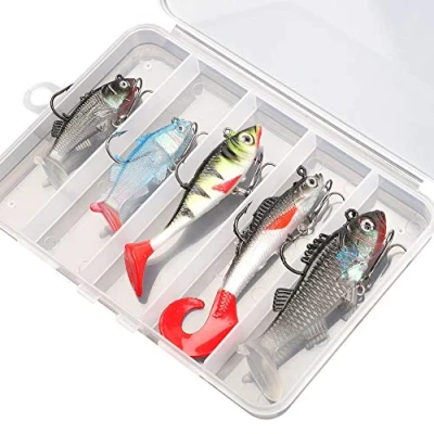 Abbildung von DONQL Weiches Angelköder Set, Angelköder, Köder Set für Süßwasser, Forelle, Barsch, Lachs, inklusive lebhaften Spinnködern, künstlichen Silikon Bassködern mit Box (5 Stück)