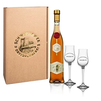 Abbildung von Schwechower Likör Weinbergpfirsich 0,5l + 2 Bouquetgläser Geschenkkarton (22% Vol.) Geschenkset, Präsent Köstlicher aus fruchtigen Weinbergpfirsichen 500ml