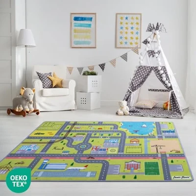 Abbildung von Feeti Floor® moderner Spielteppich Straße 1,0 x 2,0 m Ökotex 100, geruchsneutral, Antirutsch hochwertiger Teppich Kinderzimmer/Kinderteppich/Autoteppich
