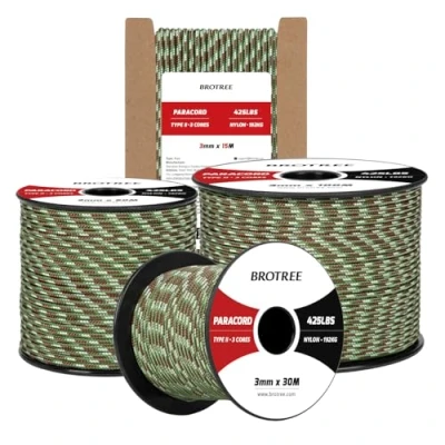 Abbildung von Brotree Paracord 3mm 50M 100% Nylon Seil Schnur Typ II 425 mit 3 Kern für Survival, Outdoor, Armband, Basteln Bruchlast 192kg (Armee Grün Tarnung)