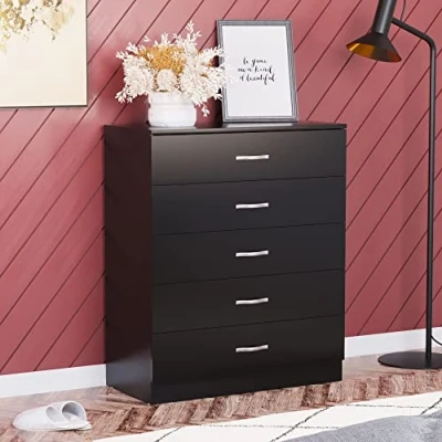 Abbildung von Vida Designs Kommode mit 5 Schubladen, Metallgriffe, Schienen gegen Verbiegen, Schwarz, Holzwerkstoff, Drawer