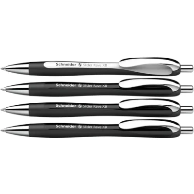 Abbildung von Schneider 132584 Slider Rave XB Kugelschreiber (Limitierte Sonderedition, 3x schwarz, 1x weiß, Made in Germany) 4 Stück, Schreibfarbe: blau