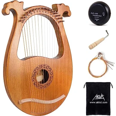 Abbildung von AKLOT Lyre Harp 16 Metal Strings Knochensattel Okoume Lye Harfen mit Stimmschlüssel Pick Up und Black Gig Bag