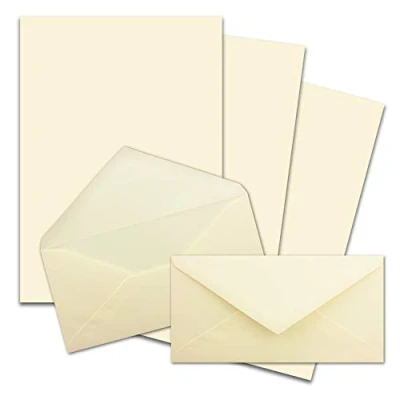 Abbildung von 50x Briefpapier Set DIN A4 mit Lang Briefumschlägen, Nassklebung Creme Vanille mattes Schreibpapier Kuverts FarbenFroh by GUSTAV NEUSER