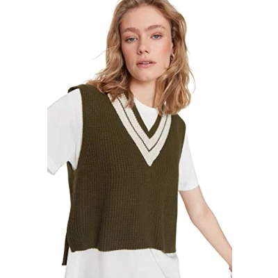 Abbildung von TRENDYOL Damen V Neck Plain Regular Sweater Vest Ausschnitt Ärmellos Khaki Strickweste, Khaki, L