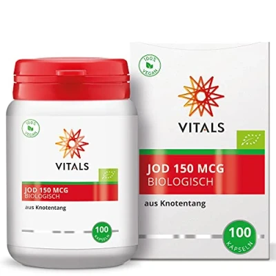Abbildung von Vitals Jod Biologisch, 100 Kapseln aus Biologischem Knotentang. 100% Vegan. Garantiert durch DNA Tests. Hergestellt nach einem patentierten Produktionsverfahren.