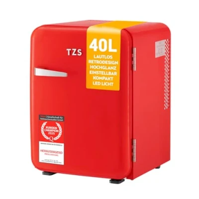 Abbildung von TZS First Austria Minikühlschrank 40L komplett lautlos Retro Design Temperaturregler LED Beleuchtung 2 Türfächer + 6 flexible Einlegeböden