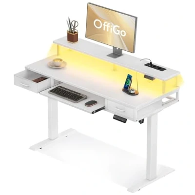 Abbildung von OffiGo Höhenverstellbarer Schreibtisch,120 cm Elektrischer Schreibtisch mit 2 Schubladen, Monitorständer und Tastaturablage fürs Büro, Weiß
