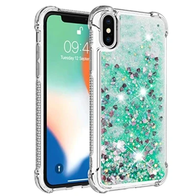 Abbildung von KBIKO zxl Kompatibel mit Glitzer Hülle für iPhone XS Handyhülle Durchsichtig TPU Silikon Cover X/iPhone Erhöhte Kanten Flüssigkeit Treibsand Schutzhülle X.Green YBL
