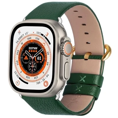 Abbildung von Fullmosa kompatibel mit Apple Watch 9 8 7 Armband 45mm, SE Series 6/5/4 44mm,Series 3/2/1 42mm, Ultra2/Ultra 49mm, Leder Ersatzarmband für iwatch Band, Dunkelgrün+goldene Schnalle