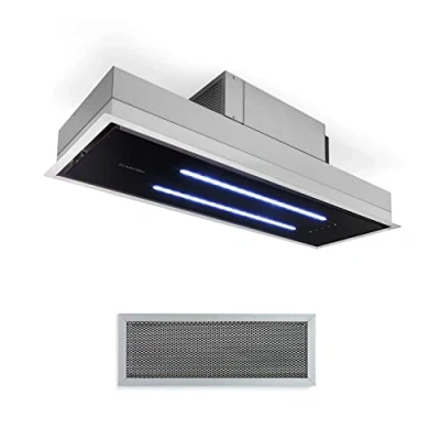 Abbildung von Klarstein High Line Deckenhaube Einbau, 77 cm, 410 m3/h, Umluft und Abluft, 3 Stufen, LED, Fernbedienung &amp; Aktivkohlefilter, Dunstabzugshaube, Unterbauhaube, Edelstahl/schwarzes Glas