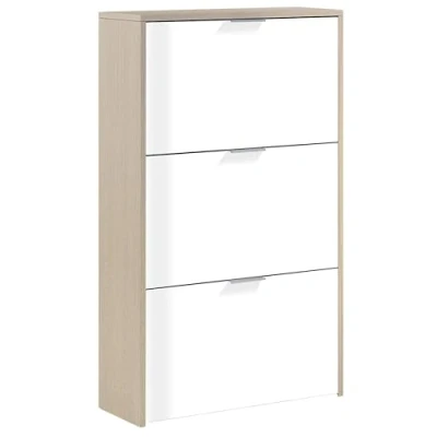 Abbildung von Habitdesign Schuhregal 3 Türen, schmales Schuhregal, aus glänzendem Weiß und kanadischer Eiche, Maße: 60 cm (Breite) x 113 (Höhe) 22 (Tiefe)