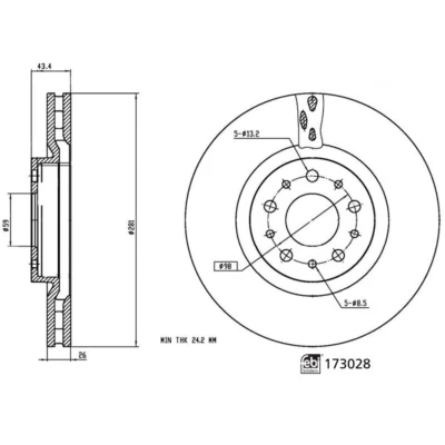 Abbildung von FEBI BILSTEIN 173028 Bremsscheibe Vorderachse 281 26 5 98 innenbelüftet beschichtet FIAT: Tipo Schrägheck, Limousine, Kombi