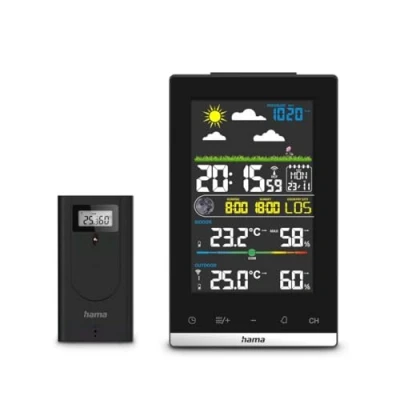 Abbildung von Hama Wetterstation Funk mit Außensensor (Wettervorhersage, Luftdruck, Hygrometer, zuhause, Innen und Außentemperatur, Raumklima Messgerät, Farbdisplay, Funkuhr, Wecker) schwarz
