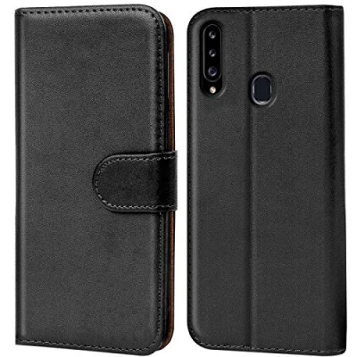 Abbildung von Verco Handyhülle für Samsung A20s Hülle, Klapphülle Galaxy Tasche PU Leder Flip Case Brieftasche, Schwarz