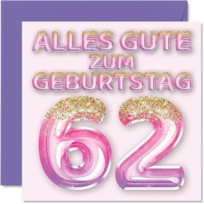 Abbildung von Stuff4 62. Geburtstagskarte für Frauen Rosa Lila Glitzerballons Alles Gute zum Geburtstagskarten 62 Jährige Frau Mama Oma Tante, 145mm Zweiundsechzig Geburtstag Grußkarten