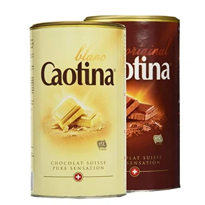 Abbildung von Caotina Trinkschokolade, Kakao Pulver mit feinster Schweizer Schokolade Original Dose weiß + Vollmilch, 2er Pack, (2x500g)