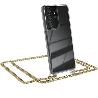 Abbildung von EAZY CASE Handykette kompatibel mit Samsung Galaxy S21 Ultra 5G Handyhülle Metal Umhängeband und Ersatz Kordel schwarz, Handykordel Schutzhülle, Stylische Kette, Gold
