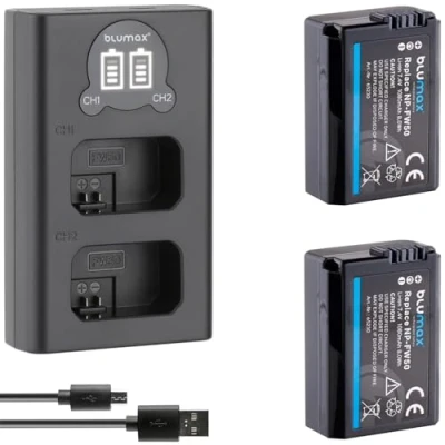 Abbildung von 2X blumax Akku Ersatz für Sony NP FW50 [ 1080mAh ] + Mini LCD Dual Charger Alpha 7 7II 7R 7S II 6300 6500 / NEX F3 DSC RX10 IV // ZV E10