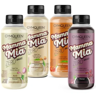 Abbildung von GymQueen Mamma Mia Zero Sauce 4x265ml, Crazy Caesar + Aioli Balsamico 1000 Island, kalorienreduziert, ohne Fett &amp; Zuckerzusatz, zum Verfeinern von Gerichten oder als Salat Dressing