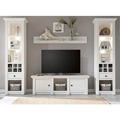 Abbildung von Wohnwand Landhausstil Hooge in Pinie weiß Landhaus Mediawand Schrankwand Multimediawand Anbauwand Fernsehschrank 4 teilig (2 x Regal, 1 Wandboard, TV Lowboard) 288 207 cm