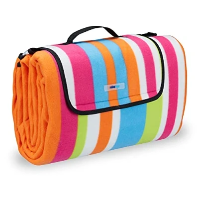 Abbildung von Relaxdays Picknickdecke XXL, 200x200 cm, Fleece Stranddecke, wärmeisoliert, wasserdicht, mit Tragegriff, bunt gestreift