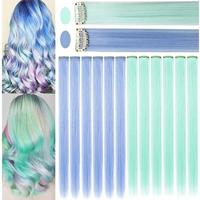 Abbildung von JCHDWSGUO 10 Stück Farbige Haarverlängerungen 21 Zoll Hitzebeständige Synthetische Glatte Clip in Mädchen Damen Holiday Party Hair Highlights (Hellblau,Hellgrün)