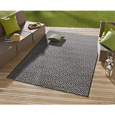 Abbildung von NORTHRUGS in und Outdoor Teppich Karo 140x200cm Wetterfest Modern Geometrisches Muster Kariert Allover Design Läufer für Balkon Terrasse Garten Wintergarten Wohnzimmerteppich Wasserfest Schwarz