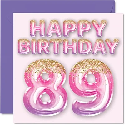 Abbildung von Stuff4 Geburtstagskarte zum 89. Geburtstag für Frauen rosa und lila Glitzerballons Happy Karten 89 Jahre alte Frau Mama Great Nanny Grandma Gran, 145 mm x Geburtstagskarten Geschenk