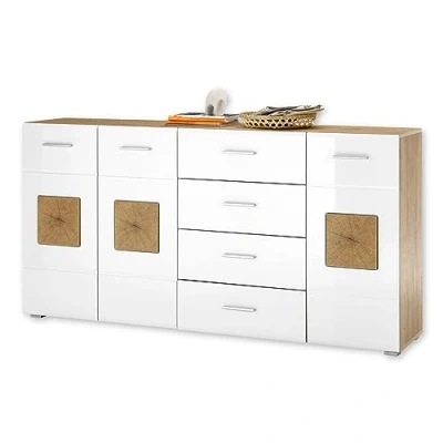 Abbildung von GEORGIA Sideboard in Weiß, Artisan Eiche Optik mit Hirnholz Applikationen Moderne Kommode Schubladen und viel Stauraum 180 x 92 38 cm (B/H/T)