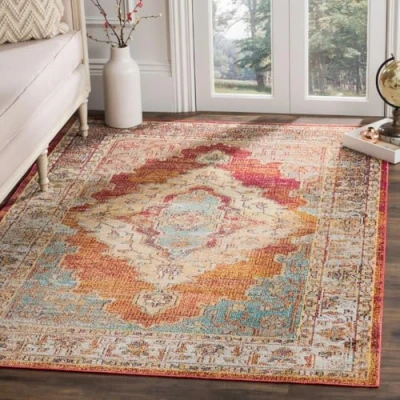 Abbildung von SAFAVIEH Boho Teppich für Wohnzimmer, Esszimmer, Schlafzimmer Crystal Collection, Kurzer Flor, Orange und Hellblau, 152 X 244 cm