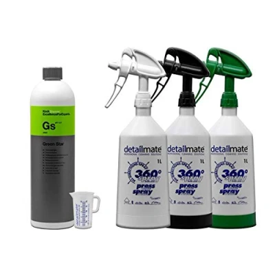 Abbildung von detailmate Set Koch Chemie Green Star Universalreiniger 1L + 3 x Made by Kwazar Mercury Super PRO+ 360 Grad Sprühflasche. Double Action Trigger, 1 Liter/Skalierter Messbecher 50 ml