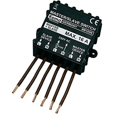 Abbildung von Kemo M103N Master / Slave Schalter 230 V/AC (400 V/AC). Schaltet bei Einschalten von Maschine, Lampe usw. andere Last aus. Überwachung 1 phasigen oder 3 Maschinen, Schwarz