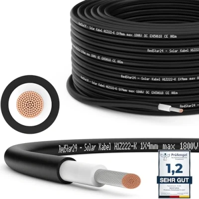 Abbildung von RedStar24 Premium Solarkabel 4mm² Schwarz 100m TÜV SÜD geprüft UV beständig, flexibel, Photovoltaik Kabel, PV Solar Anschlusskabel für Solarpanel, Wechselrichter &amp; Laderegler langlebig