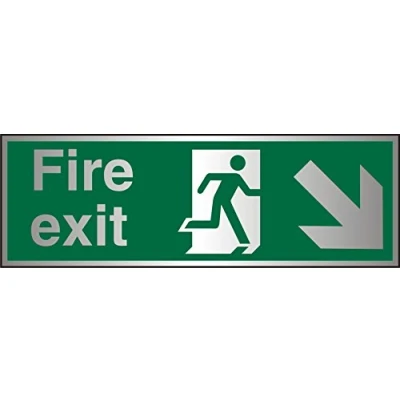 Abbildung von Seco Fire Exit Exit, Man Running Right, Pfeil nach unten und rechts, 300 mm x 100 gebürstetes Aluminium Acryl