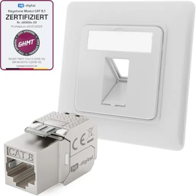 Abbildung von hb digital 1 Port CAT 8 Netzwerkdose unterputz RAL9003 + 1x GHMT zertifiziertes Keystone RJ45 Modul LAN Ethernet Dose Buchse Einbaubuchse max. 40 Gbit/s STP Signalweiß