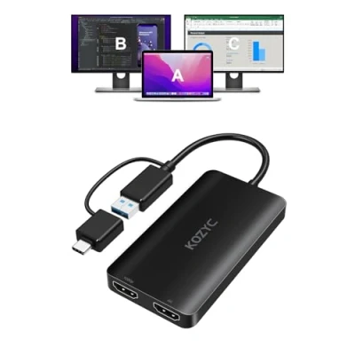 Abbildung von KOZYC USB 3.0 to HDMI Splitter Extended Display Dual Monitors, A/C zu Adapter 4K@30Hz+1080p@60Hz Kompatibel mit MacBook/MacBook Pro Air Dell (MST Support MacOS/Windows)