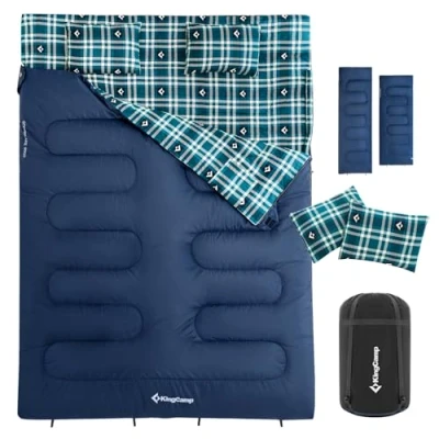 Abbildung von KingCamp Doppelschlafsack Winter Schlafsack 2 Personen Outdoor Warmer Deckenschlafsack Tragbar Leicht 3 4 Jahreszeiten mit Flanell Kissen Camping für Kinder &amp; Erwachsenen 4kg Blau