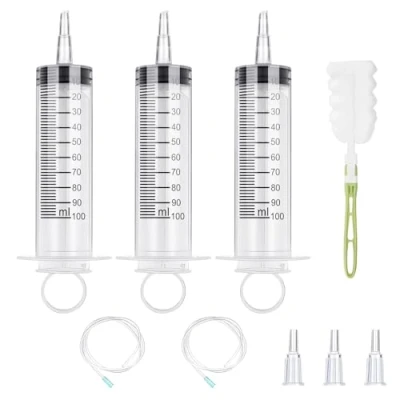 Abbildung von GOLDEROC 3 Spritze 100ml mit Schlauch，1 Flaschenbürste, Ölspritze Dosierspritze aus Kunststoff, Wiederverwendbare Plastikspritze für Labor, Garten, Tiernahrung und Industrie