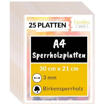 Abbildung von Creative Deco Bastelnaturmaterial 25 x A4 Sperrholzplatte 3 mm, 300 210 mm Birkensperrholz