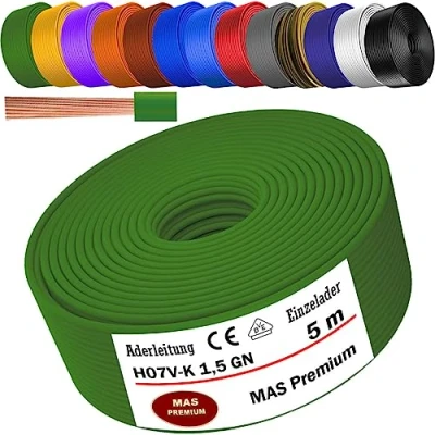 Abbildung von MAS Premium Von 5 bis 100m Aderleitung H07 V K 1x1,5 mm² SW, HBL, GNGE, GN, RT, DBL, BR, OR, GR, WS, VIO, U MAR.BL oder GE Einzelader flexibel (Grün, 5m)