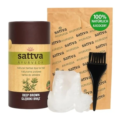 Abbildung von Sattva Ayurveda Natürliche Haarfarbe Tiefbraun: Henna Braun für Allergiker Bio Pflanzenhaarfarbe Naturhaarfarbe, Braune Volumen und Glanz Doppelte Portion ECOCERT