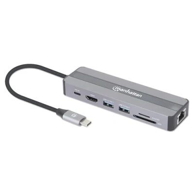 Abbildung von MANHATTAN 7 in 1 Dockingstation USB C Stecker auf HDMI Buchse 4K30Hz 2X A 5 Gbit/s Gigabit RJ45 PD 87W Kartenleser