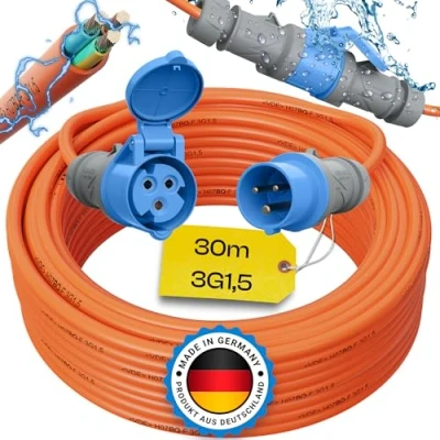 Abbildung von maxgo Camping Stromkabel 30m Wohnwagen Kabel Wohnmobil CEE Stecker Verlängerungskabel Orange 3x1,5 Campingkabel 30 Meter Strom Verlängerung H07BQ F PUR Outdoor Mennekes