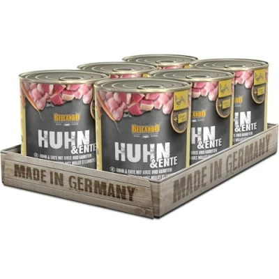 Abbildung von BELCANDO Nassfutter für Hunde, Huhn und Ente mit Hirse Karotten, 6X 800g Dose, Hundefutter nass, alle Rassen, Made in Germany
