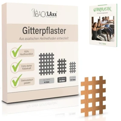 Abbildung von BACKLAXX ® Gittertape 120 Stück Premium Qualität Gitterpflaster Set in Größen Typ b GRATIS umfangreiches eBook mit 60 Anwendungsbeispielen Akupunkturpflaster Cross Tape